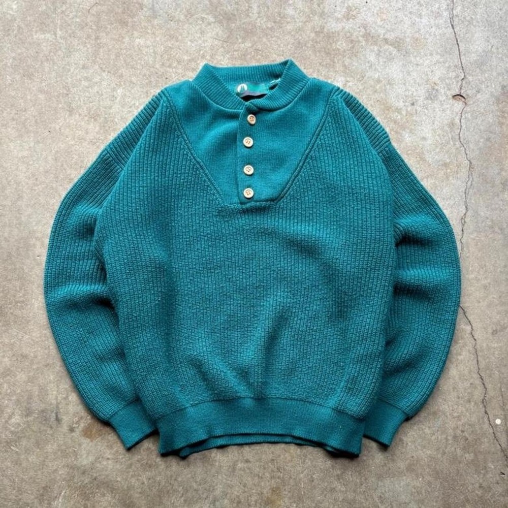 Vintage Timber trail teal Henley button up sweater   Mens Size Large